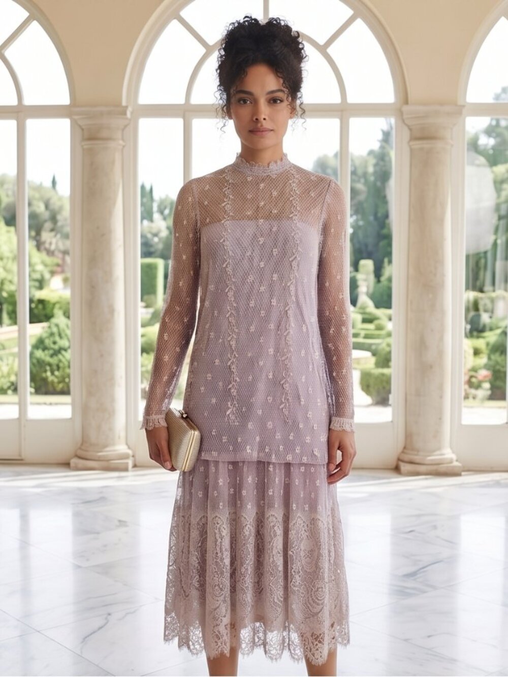 Rina di Montella Designer Mauve Lace Drop-Waist Evening/Garden Party Dress Sz 10